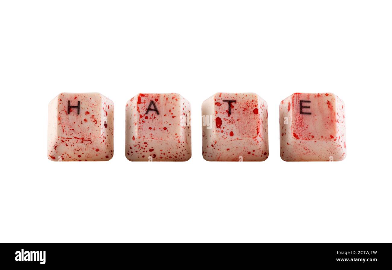 Word hate formed with bloody computer keyboard keys Stock Photo