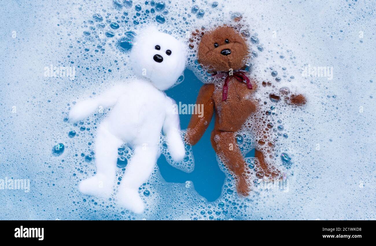 Soak toy teddy bear in laundry detergent water dissolution before
