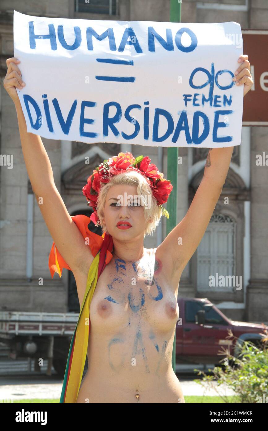 RIO DE JANEIRO, 09.03.2013: Sara Giromini (a) Sara Winter and other Femen activists protest in front of the Candelaria Church in the city center. (Pho Stock Photo