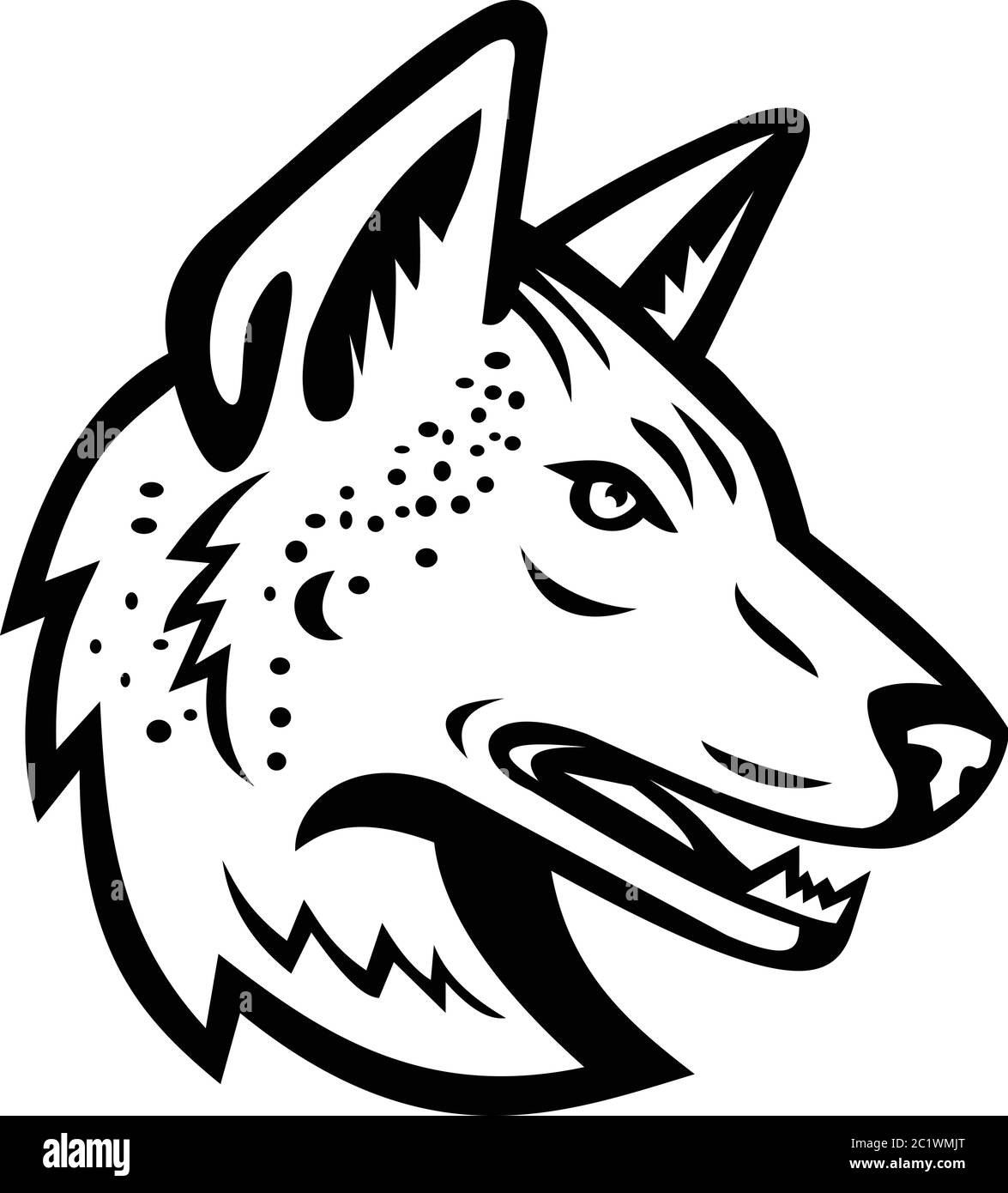 Black and white mascot illustration of head of an Arabian wolf or Canis lupus arabs, a subspecies of gray wolf viewed from side on isolated background Stock Vector