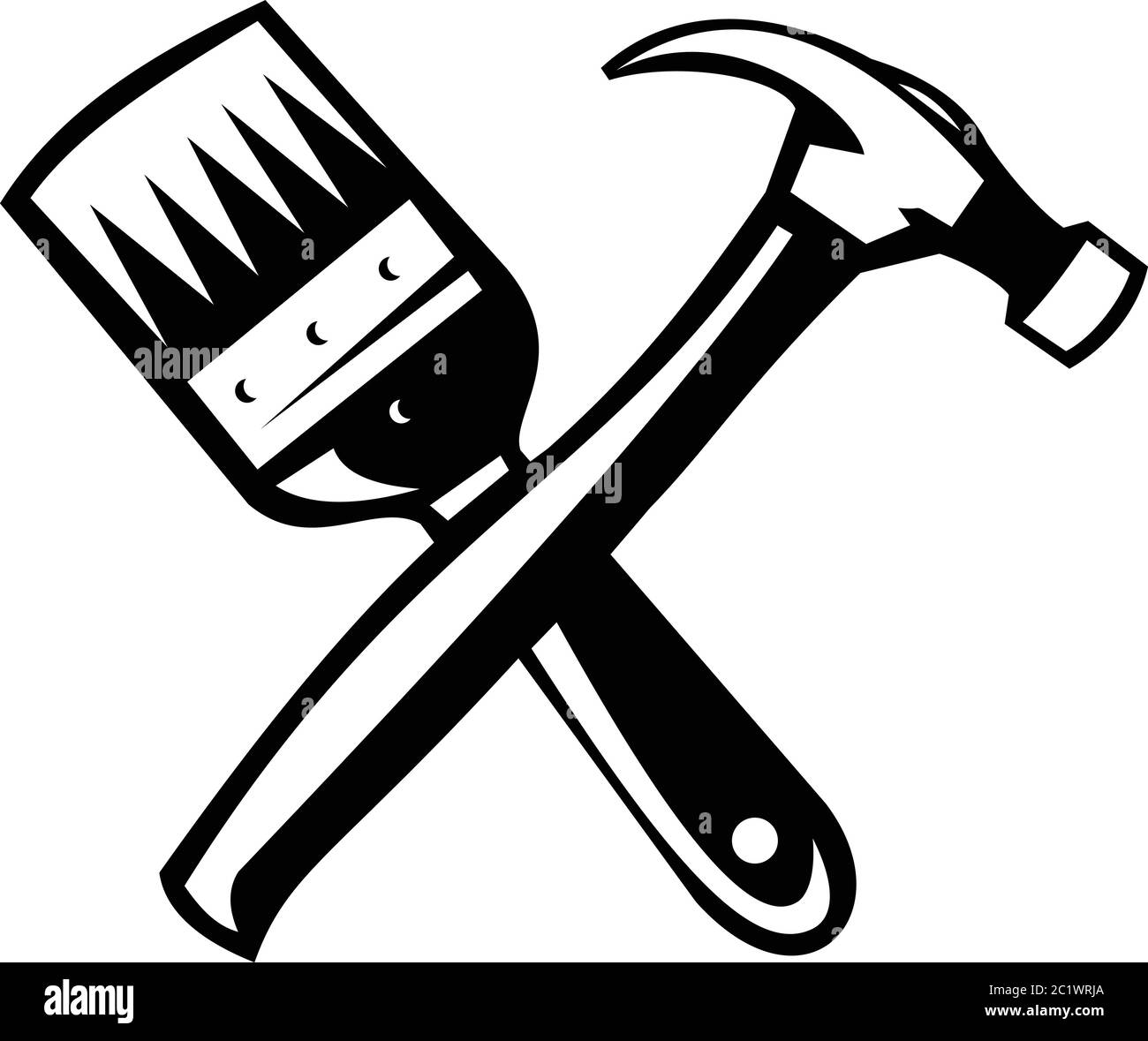 Illustration of a crossed paint brush and hammer on isolated white