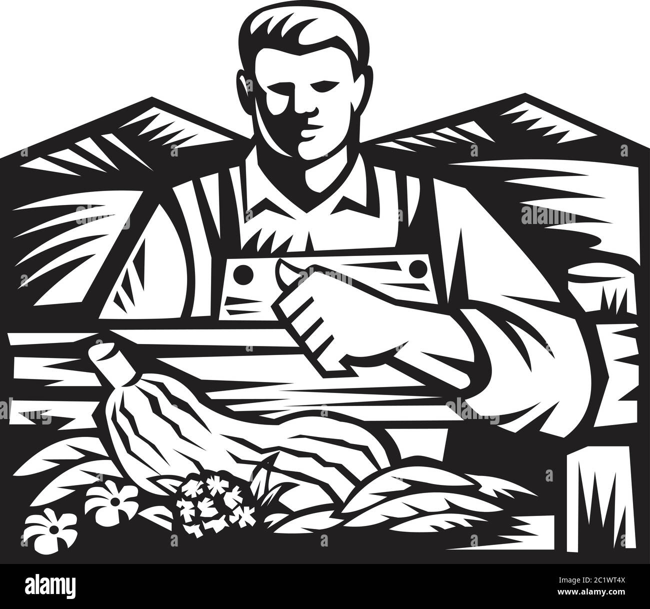 Black and white illustration of organic farmer with crop produce ...
