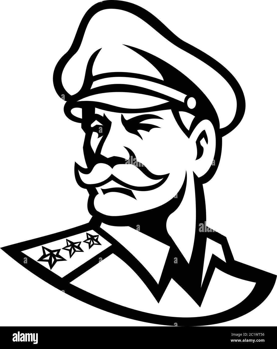 Black and white mascot illustration of head of an American three-star general wearing a peaked cap looking forward viewed from side on isolated backgr Stock Vector