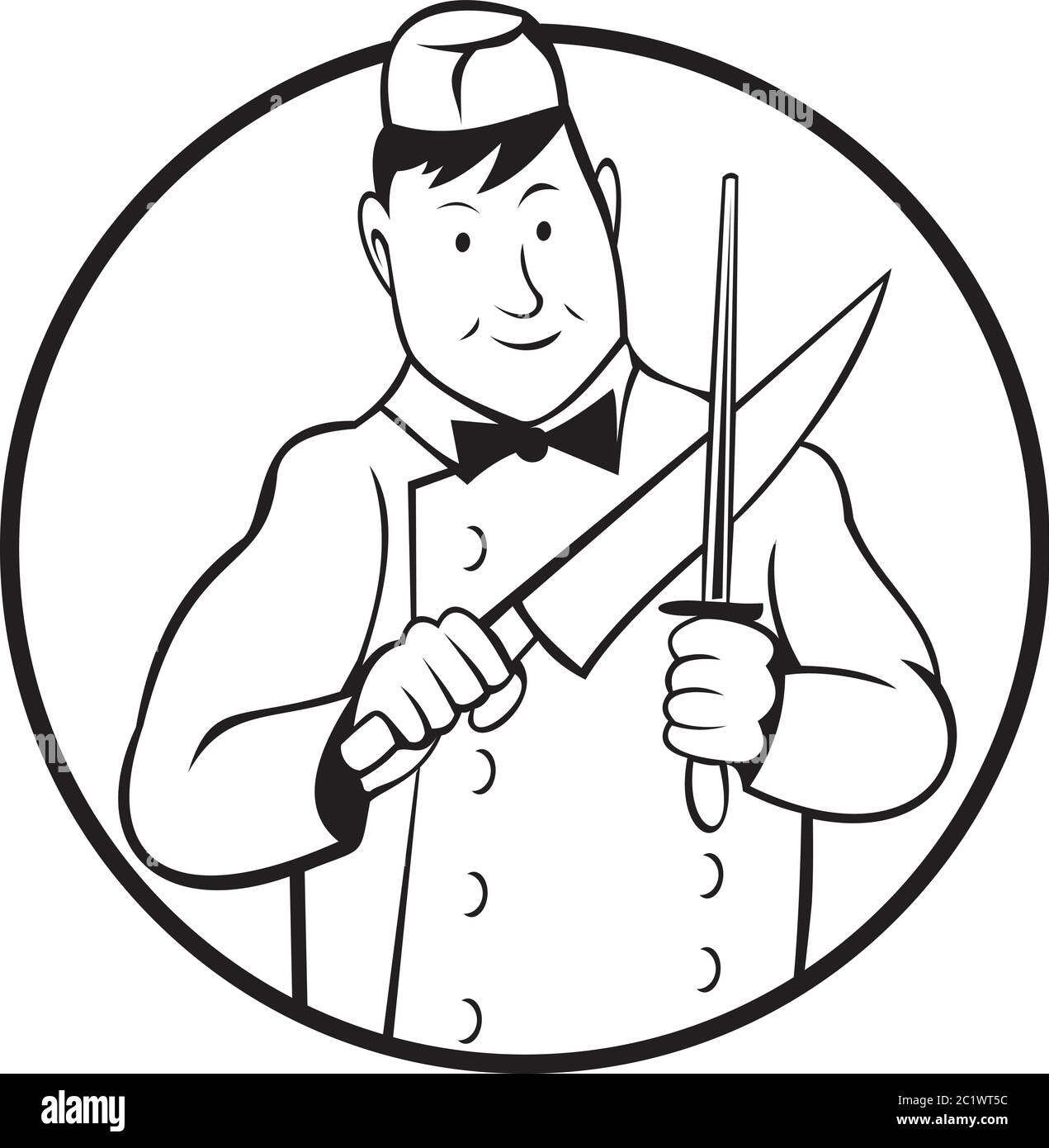 Black and white illustration of a butcher cutter worker sharpening