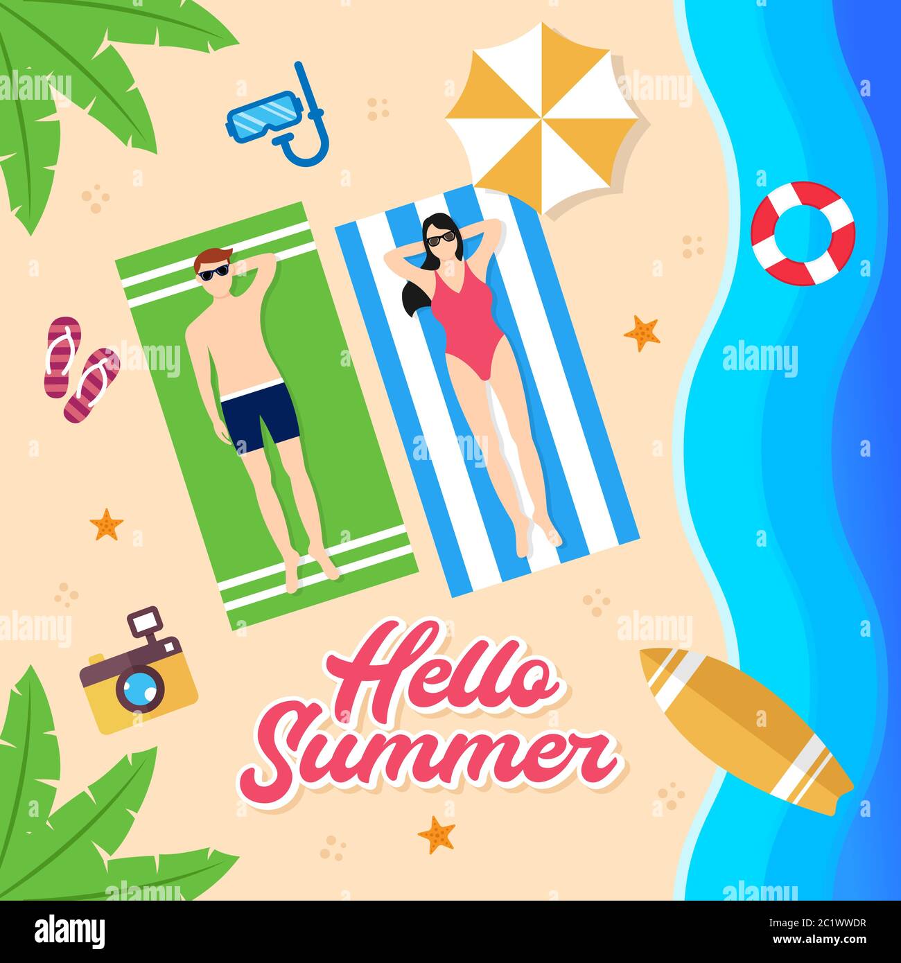 Summer Holiday on the beach Vector Illustration. Summer vacation Vector flat design illustration. Abstract Summer background design template. Stock Vector
