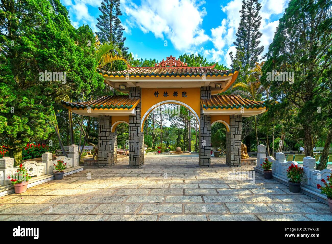View in fron of Truc Lam monastery is an ancient temple to attract tourists. Stock Photo