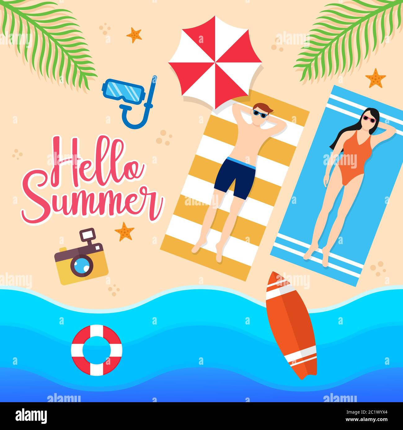 Summer Holiday on the beach Vector Illustration. Summer vacation Vector flat design illustration. Abstract Summer background design template. Stock Vector