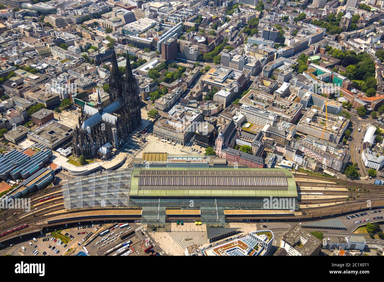 city centre of Cologne with cathedral and main station, 05.06.2020, Luftbild, Germany, North Rhine-Westphalia, Rhineland, Cologne Stock Photo