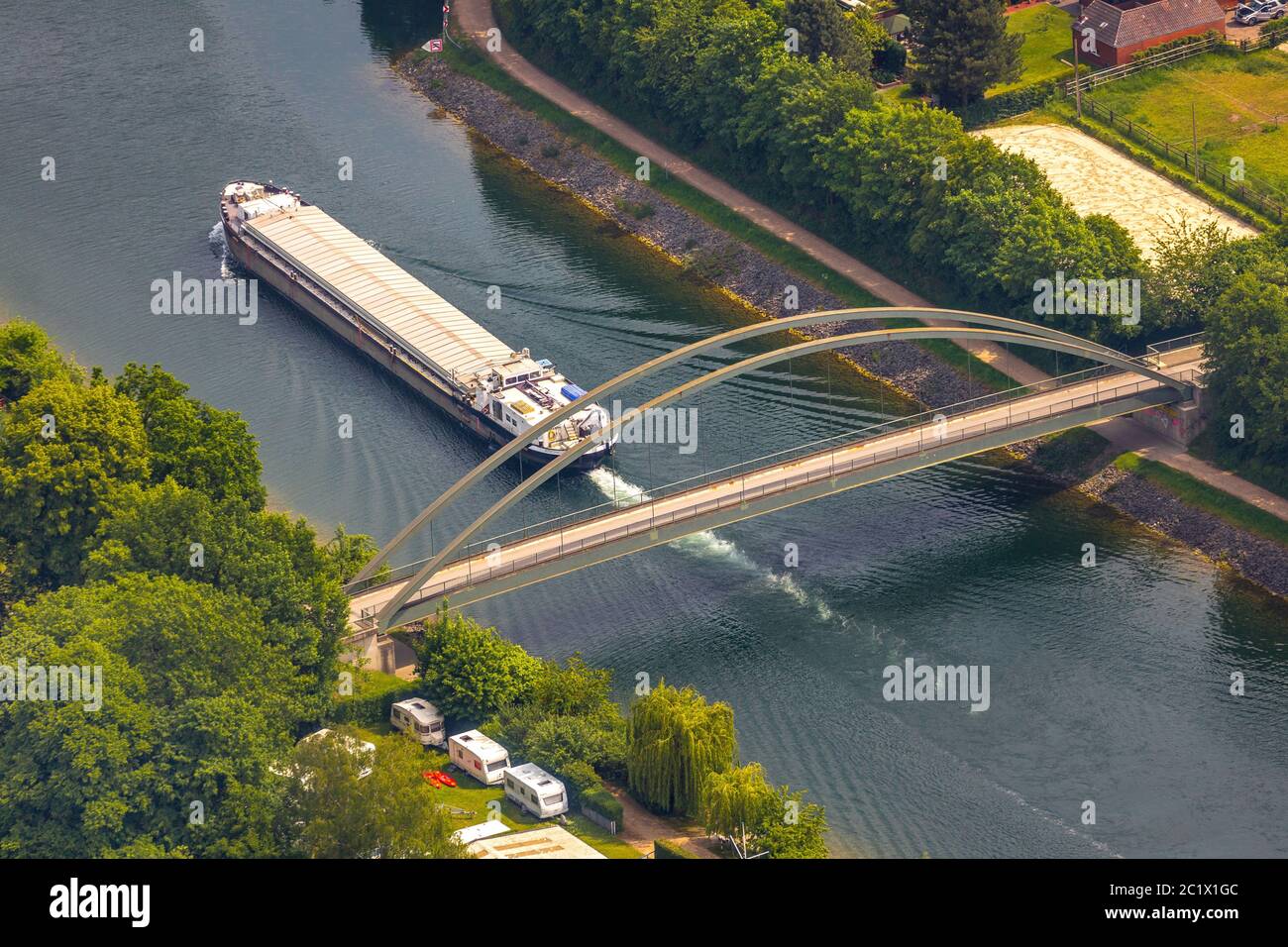 freight ship on the Wesel Datteln Canal at the Bridge Im Hoeffken, 23.05.2019, aerial view, Germany, North Rhine-Westphalia, Haltern am See Stock Photo