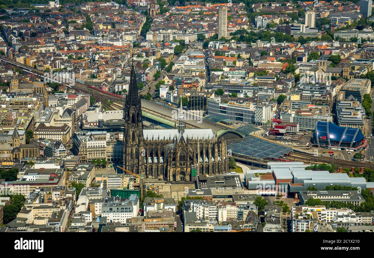 city centre of Cologne with cathedral, main station ans Musical Dome, 05.06.2020, Luftbild, Germany, North Rhine-Westphalia, Rhineland, Cologne Stock Photo