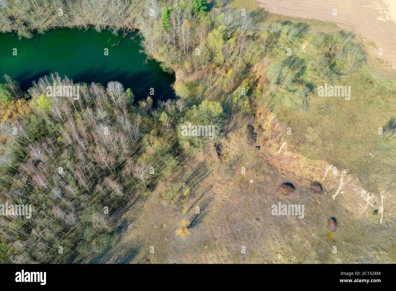 nature reserve Moorweiher and surrounding, former gravel pit, 04/08/2020, aerial view, Germany, Schleswig-Holstein Stock Photo