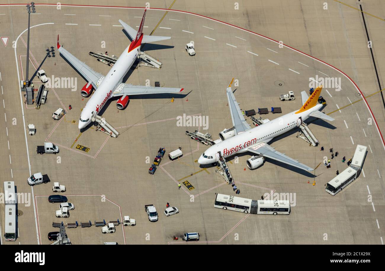 airplanes of Corendon Airline und Pegasus Airlines flypgs.com on Cologne Bonn Airport, 05.06.2020, aerial view, Germany, North Rhine-Westphalia, Lower Rhine, Cologne Stock Photo