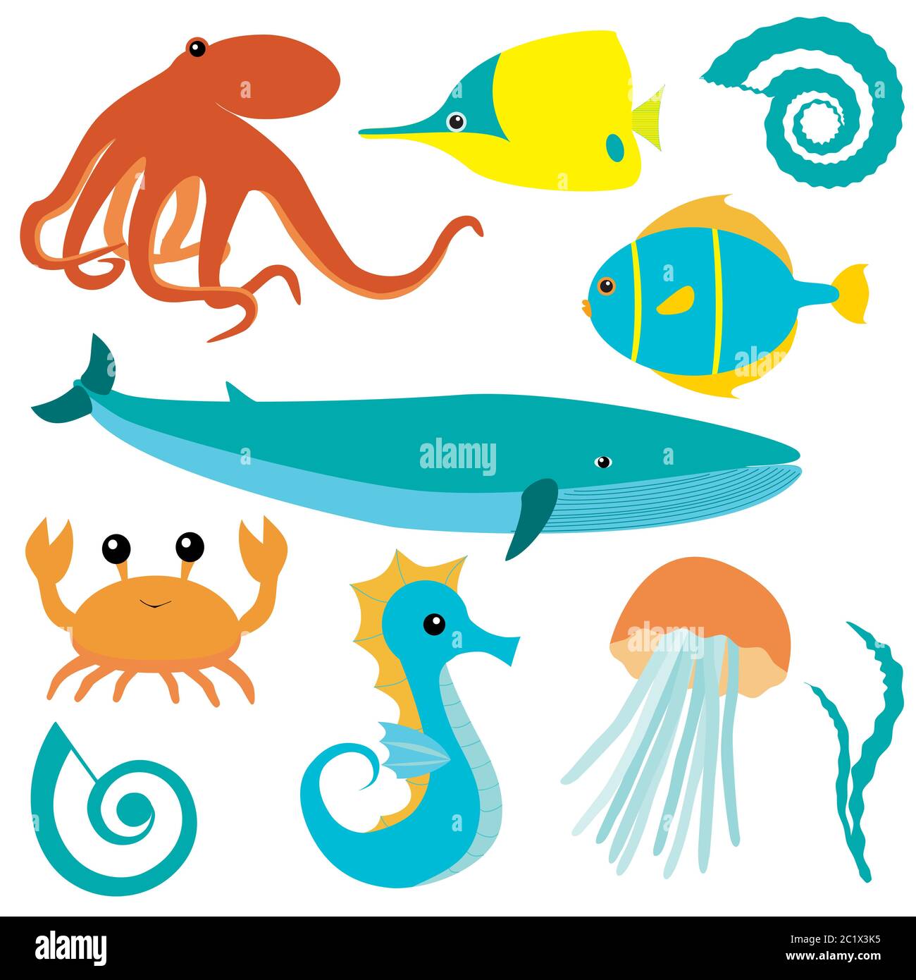 Collection of sea animals isolated on white Stock Vector