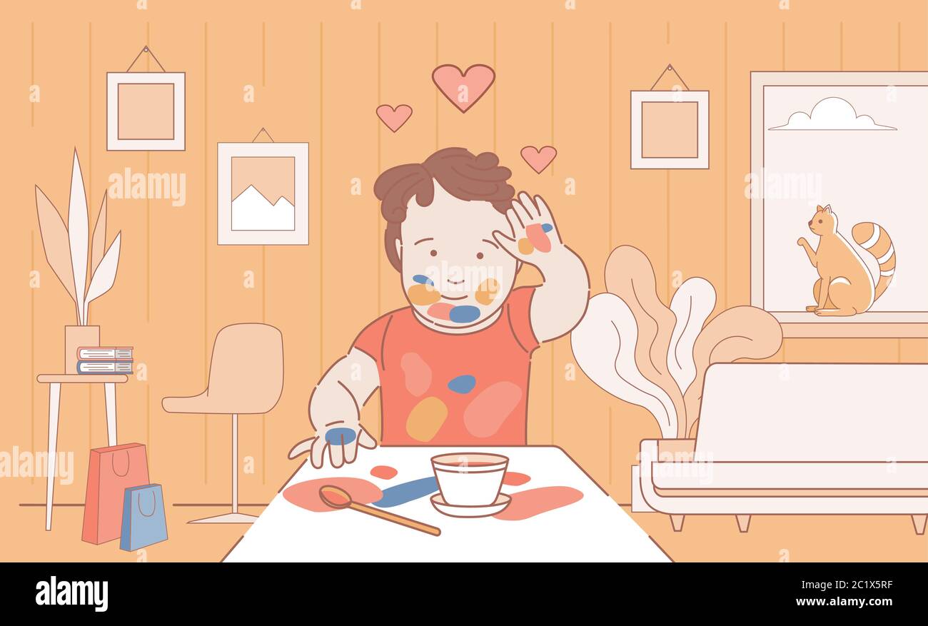 Happy smiling boy drawing and leaving handprints on paper vector