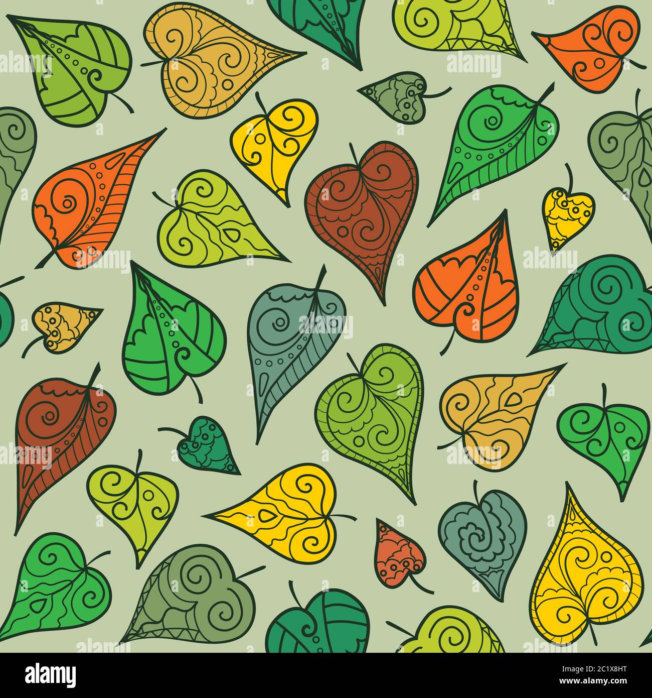 Bright seamless pattern with different doodle leaves Stock Vector