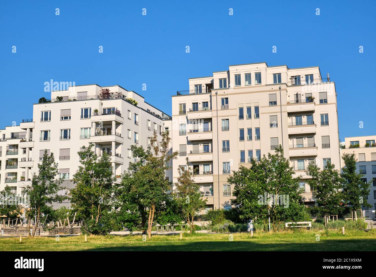 Modern apartment houses with trees seen in Berlin, Germany Stock Photo Alamy