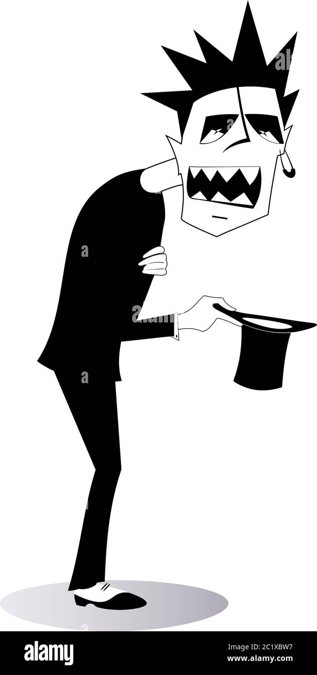 Cartoon man holds a hat and asks for charity illustration. Hungry and chilled man asks for help and money black on white Stock Vector