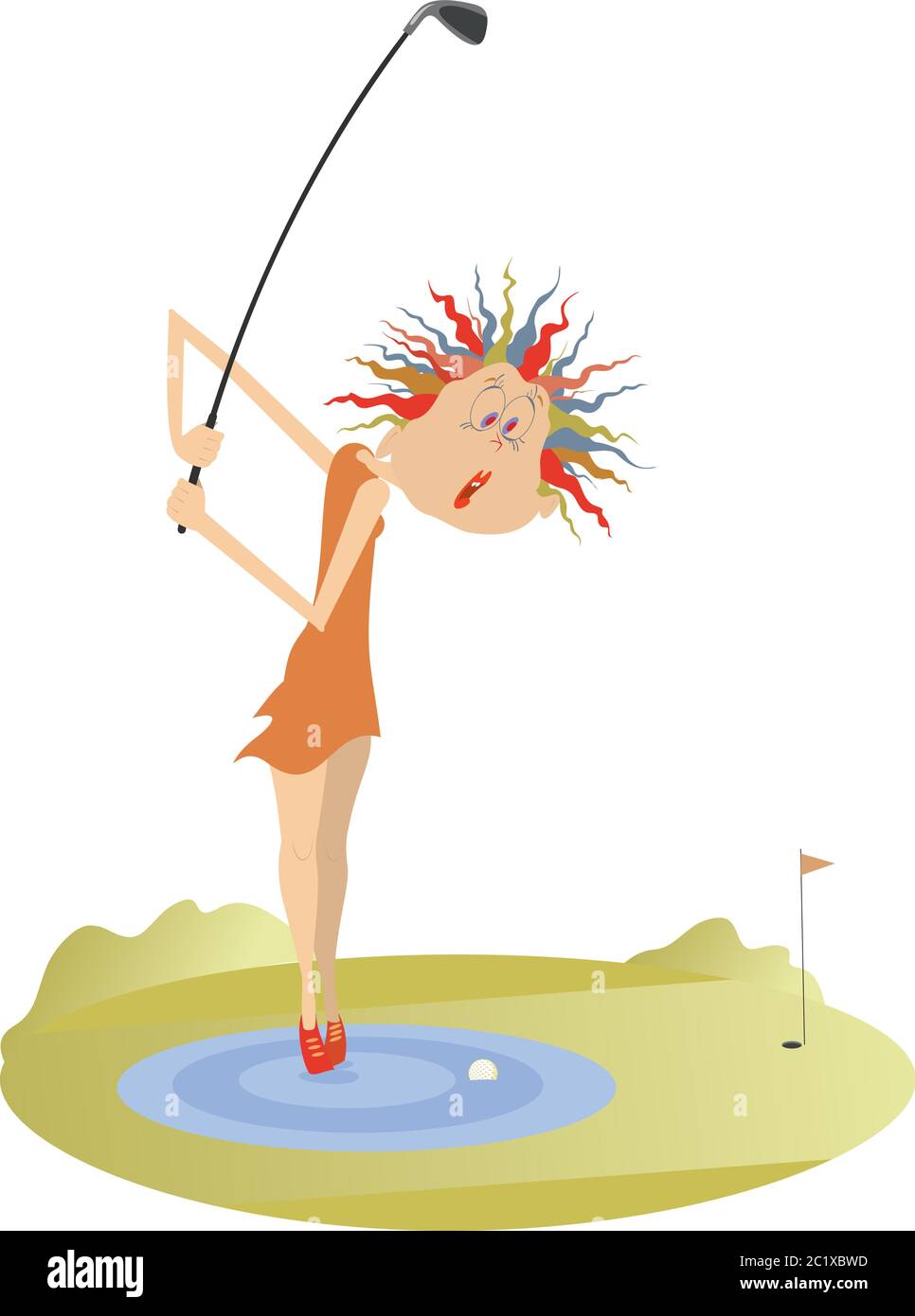 Woman and problem kick on the golf course illustration. Funny golfer woman stands on the water is thinking how to do a kick from the water obstacle Stock Vector