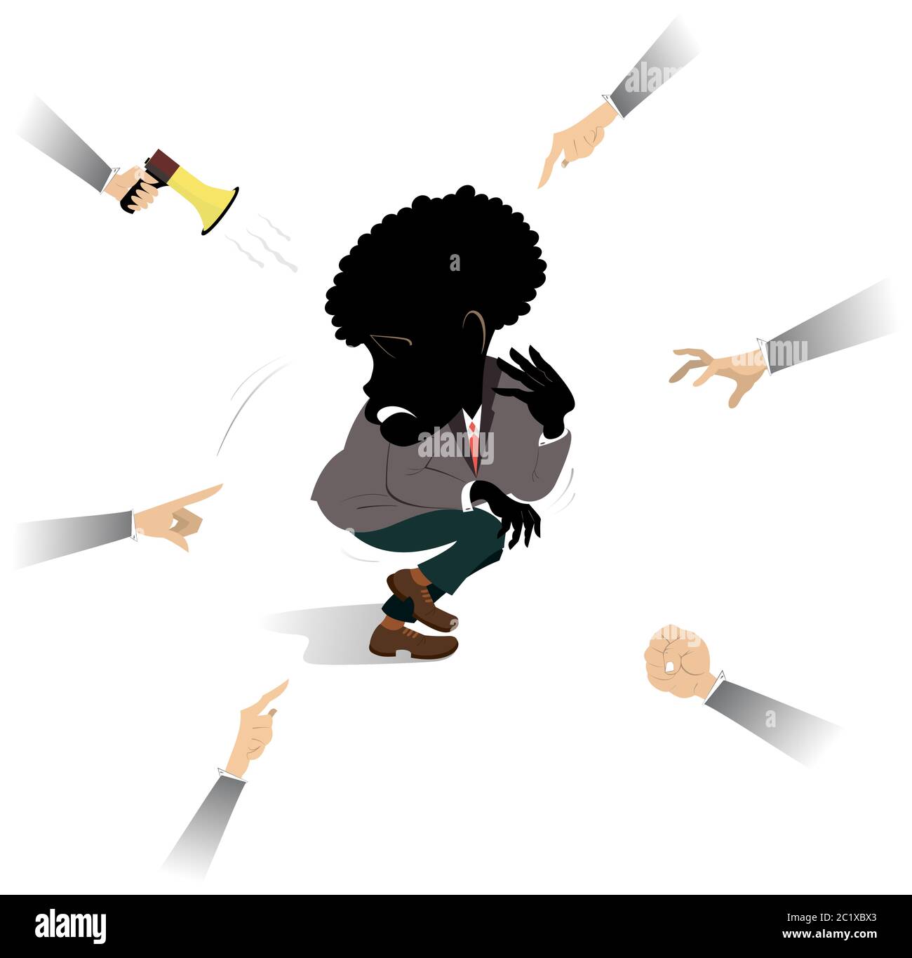 Confused and upset African man surrounded by hands illustration. Shy and upset African man surrounded by hands of aggressive people isolated on white Stock Vector