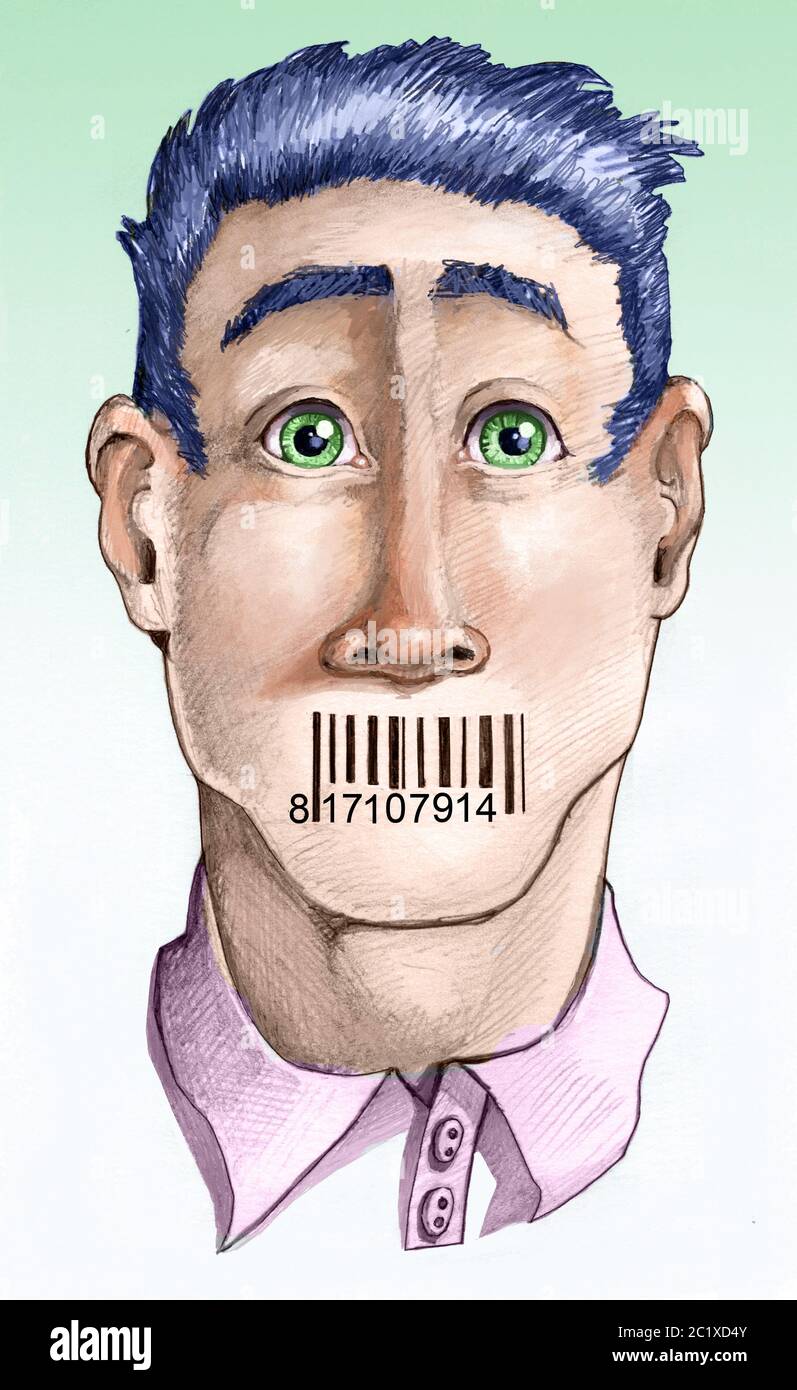 man has his mouth replaced by a barcode has a sad expression stupefied metaphor of the power that has the economy over people political illustration Stock Photo