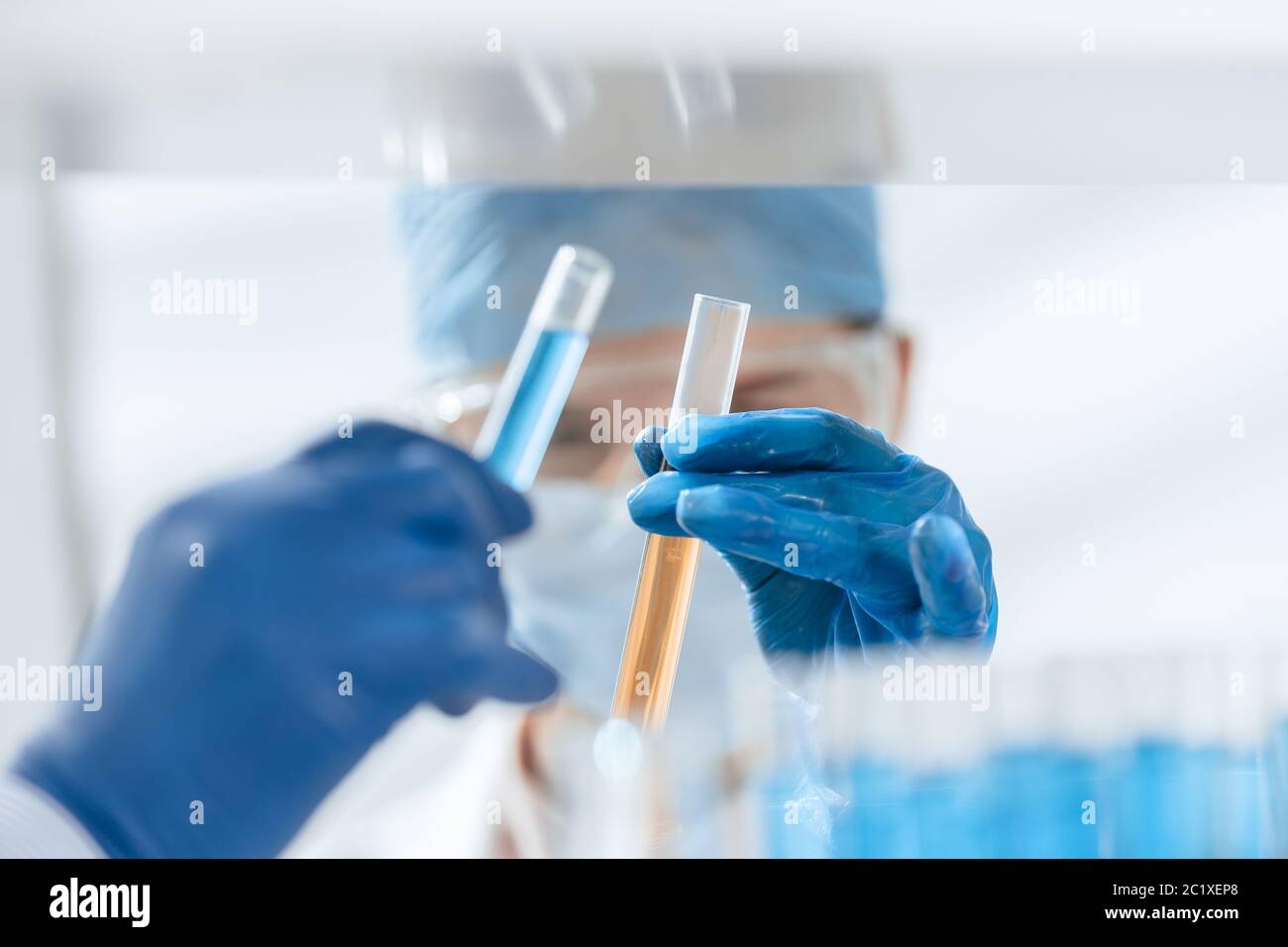 close up. scientists compare liquids in test tubes. Stock Photo