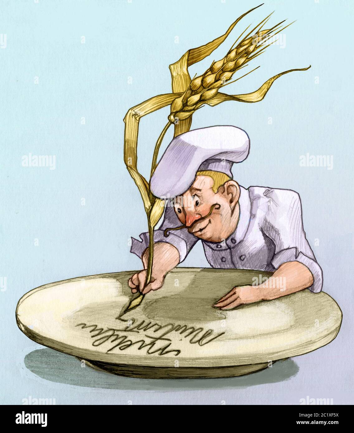 a cute and paiionatepoet Cook writes in the dish with wheat ear Stock Photo