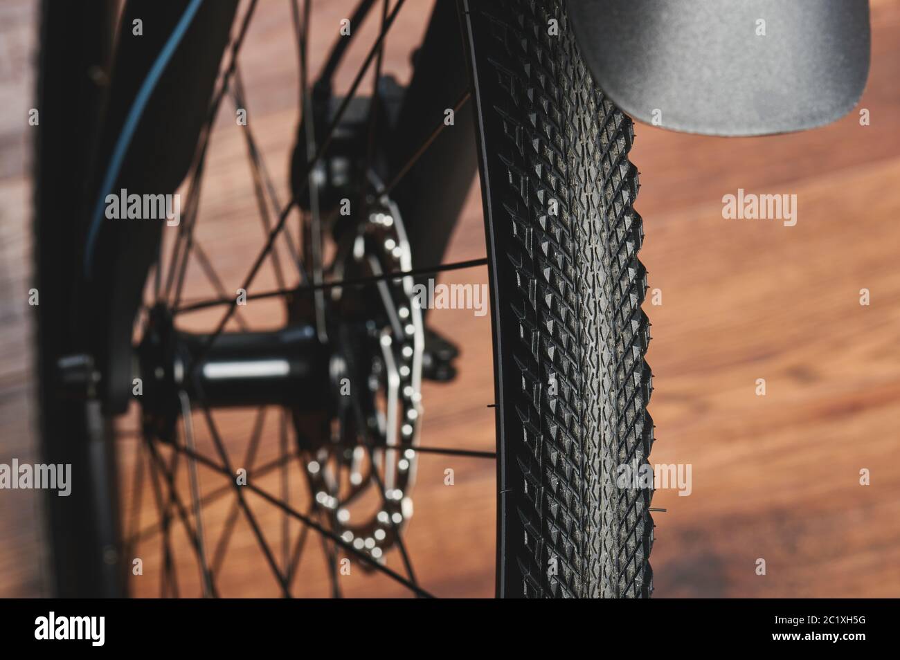 Clean bicycle tire wheel close up view. Maintenance service of bicycle theme Stock Photo