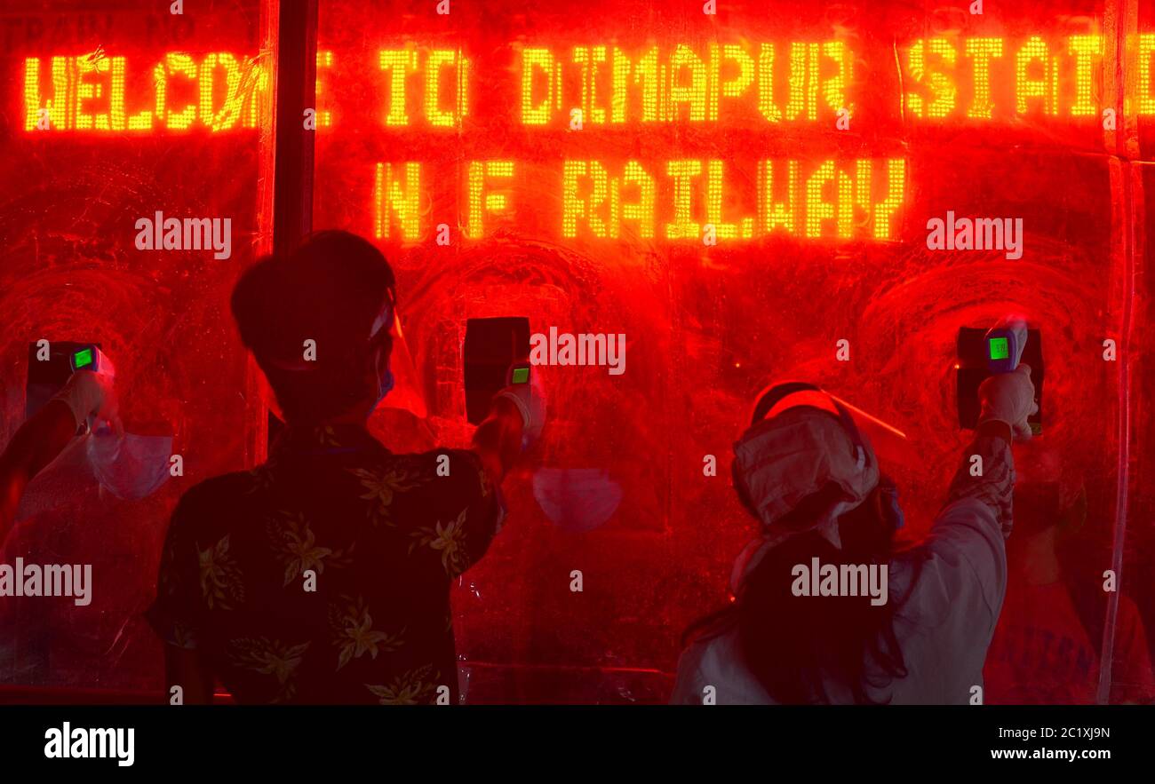Dimapur, India. 16th June, 2020. Nagaland returnees, who travelled on special Shramik train from Delhi undergo a thermal screening before their departures to their respective quarantine centre at Dimapur, India north eastern state of Nagaland. Special Shramik train from Delhi was the 7th and the last train to bring stranded Nagaland people from various part of the country during the novel Coronavirus, Covid-19 outbreak. Credit: Caisii Mao/Alamy Live News Stock Photo