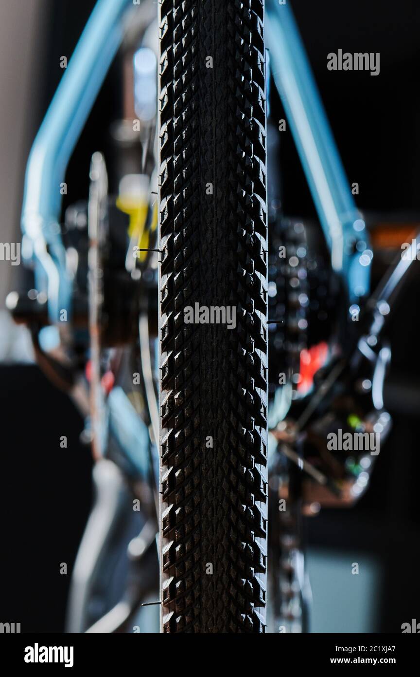 Clean black bicycle wheel back view close up Stock Photo