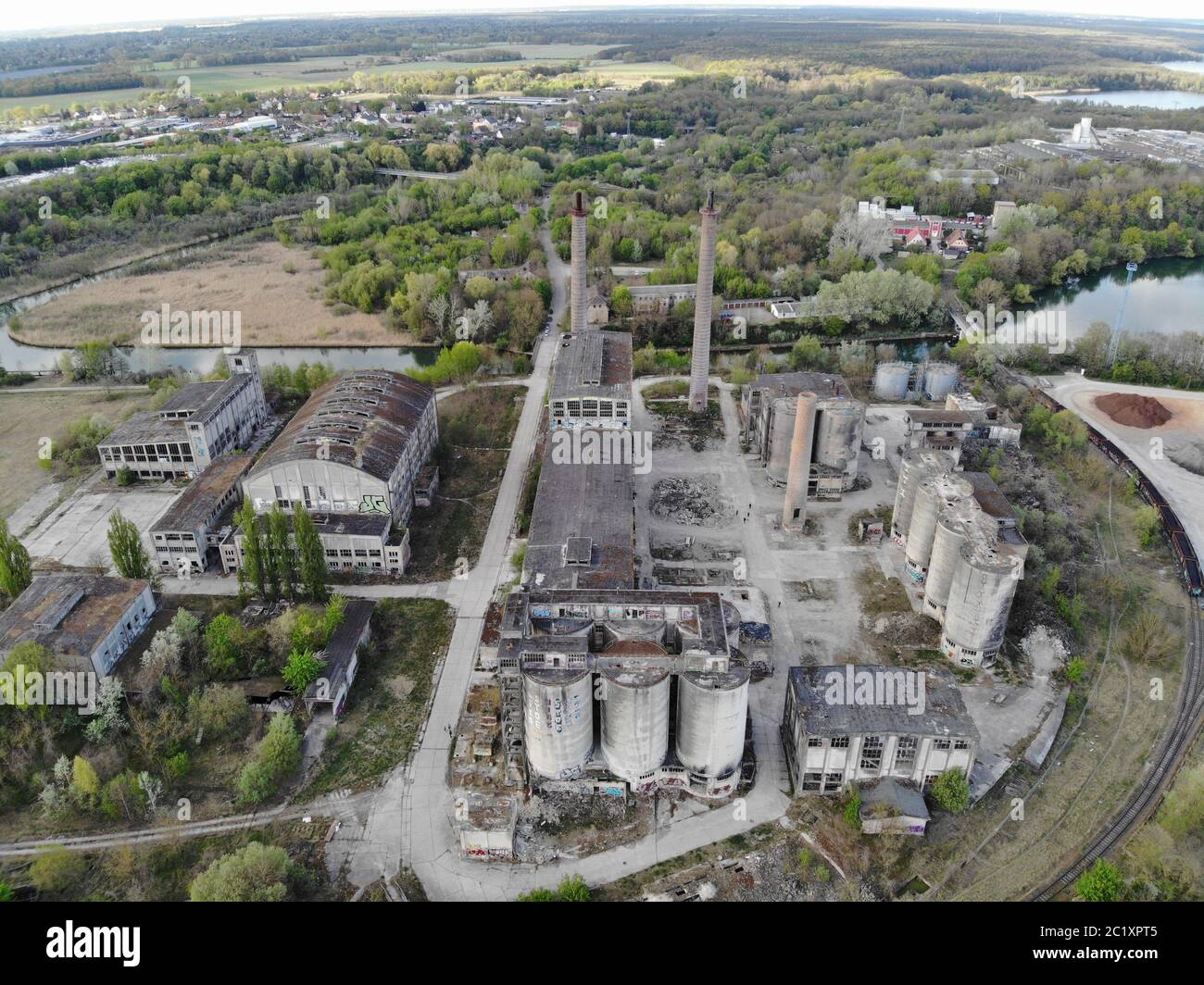 Aerial view of abandoned lime plant Stock Photo