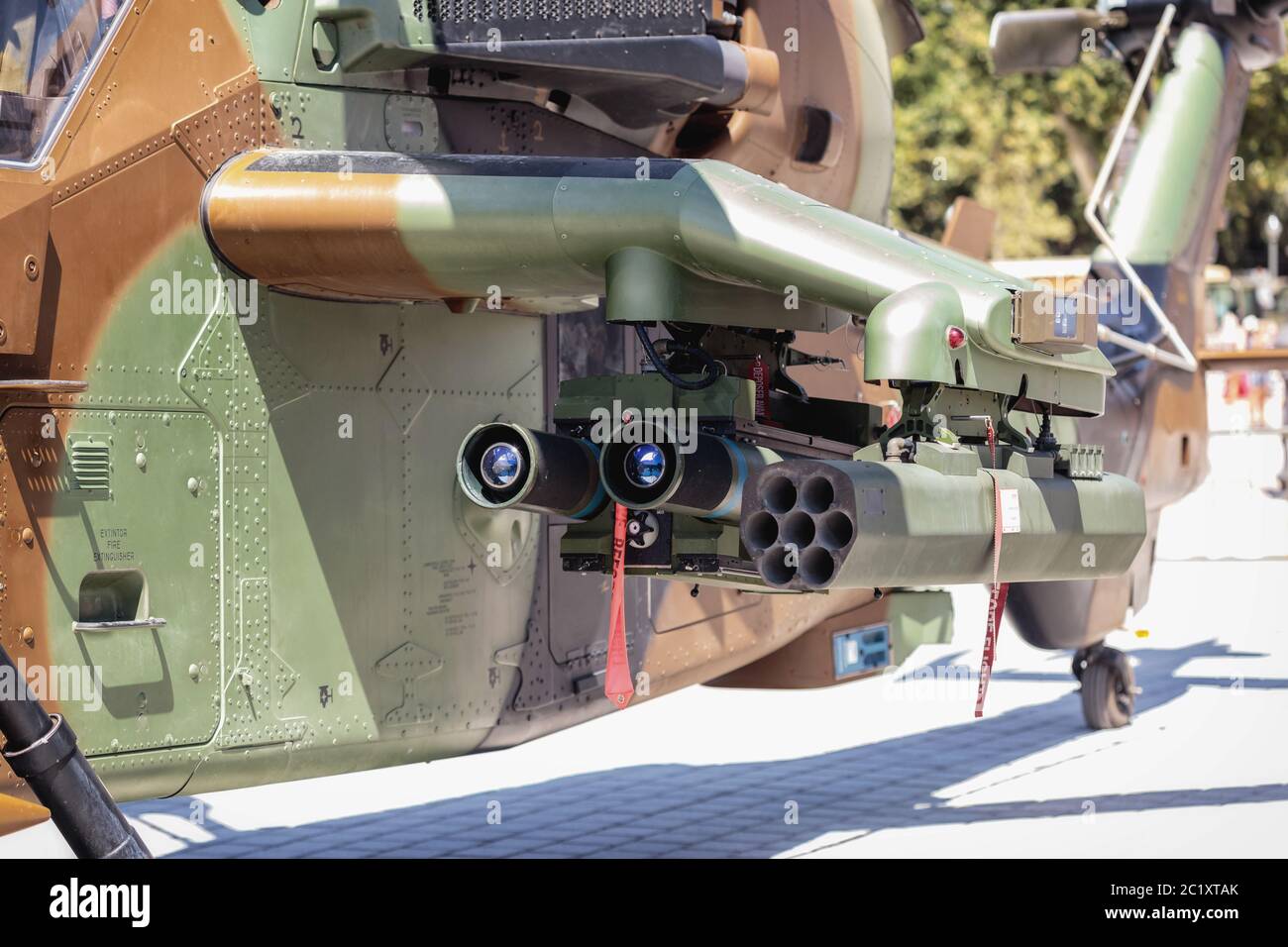 Closeup of Attack Helicopter HA.28 Tiger during display of Spanish Armed Forces Day in Seville, Spain Stock Photo