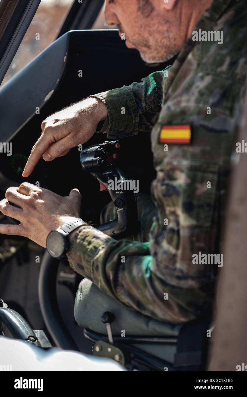 Army pilot inside cockpit of Attack Helicopter HA.28 Tiger during display of Spanish Armed Forces Day in Seville, Spain Stock Photo