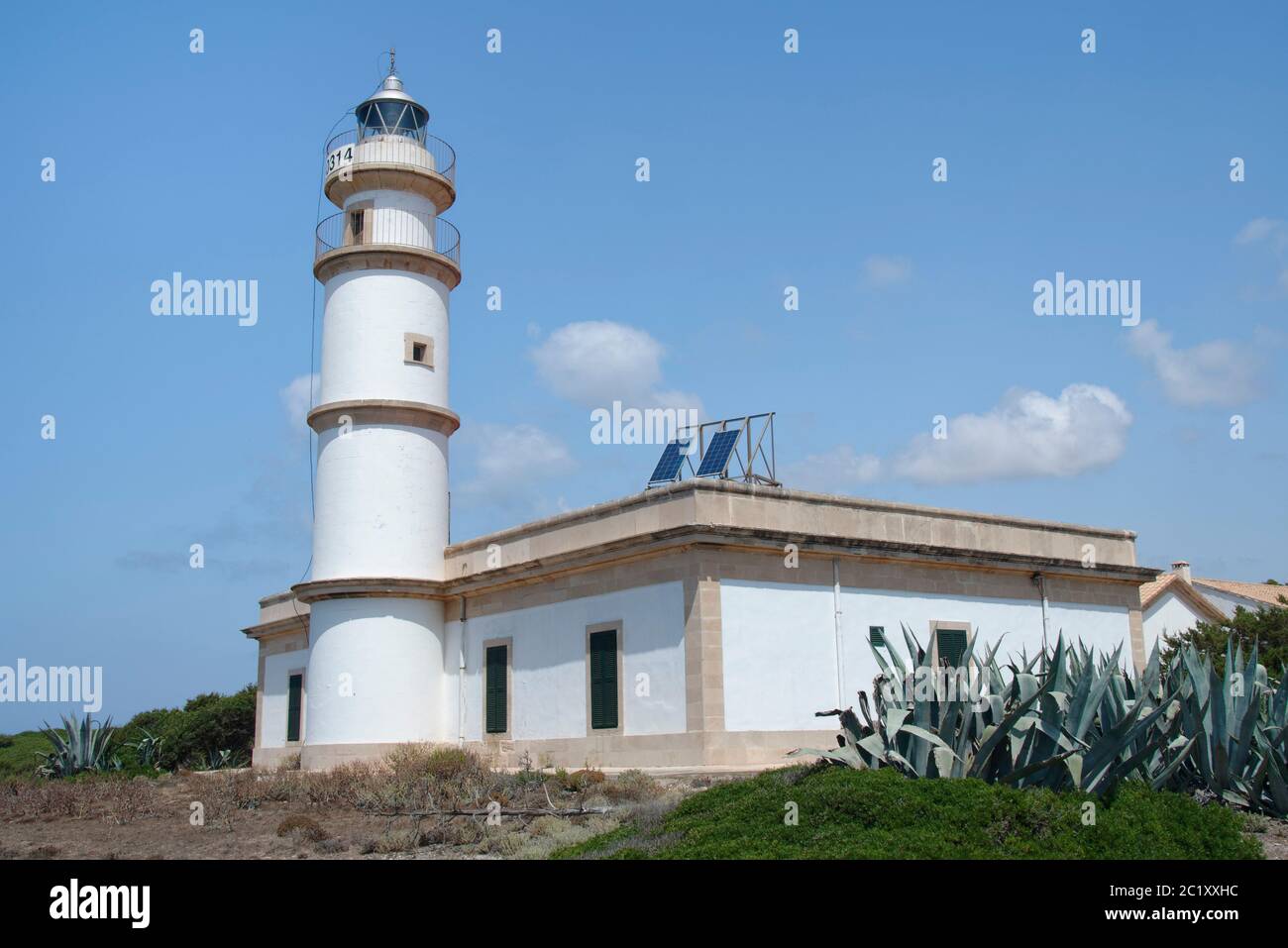 Cap Blanc Lighthouse, built 1862, near Llucmajor, Mallorca south coast, August. Stock Photo