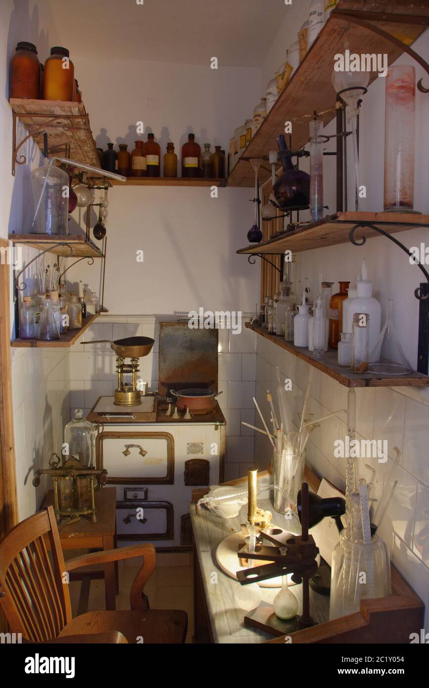 Doctor’s office and apothecary at La Granja mansion, a museum of Mallorca’s traditions and history, Esporles, Mallorca. Stock Photo