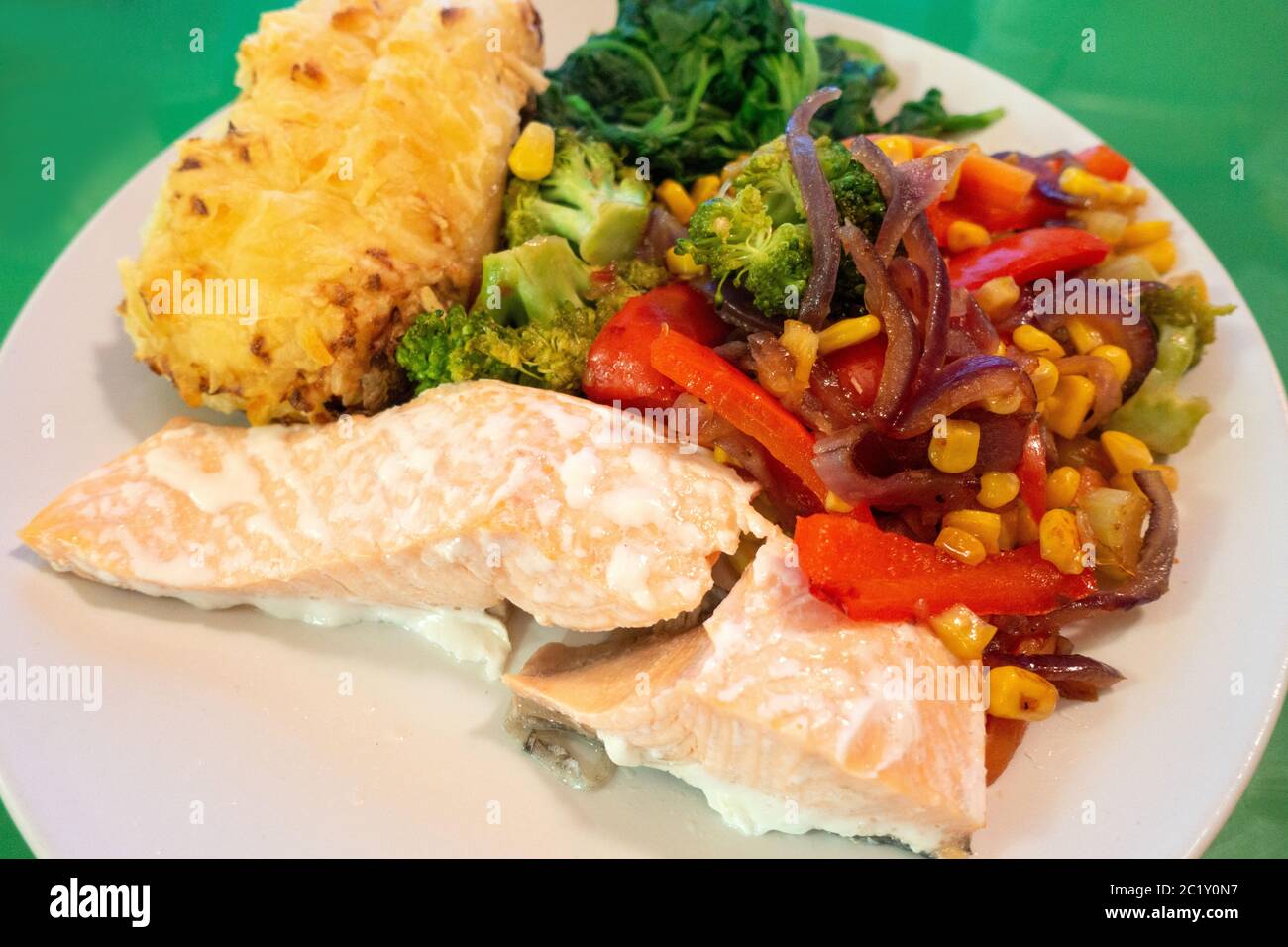 Salmon with stir fry vegetables and jacket Potatoe closeup on plate Stock Photo Alamy