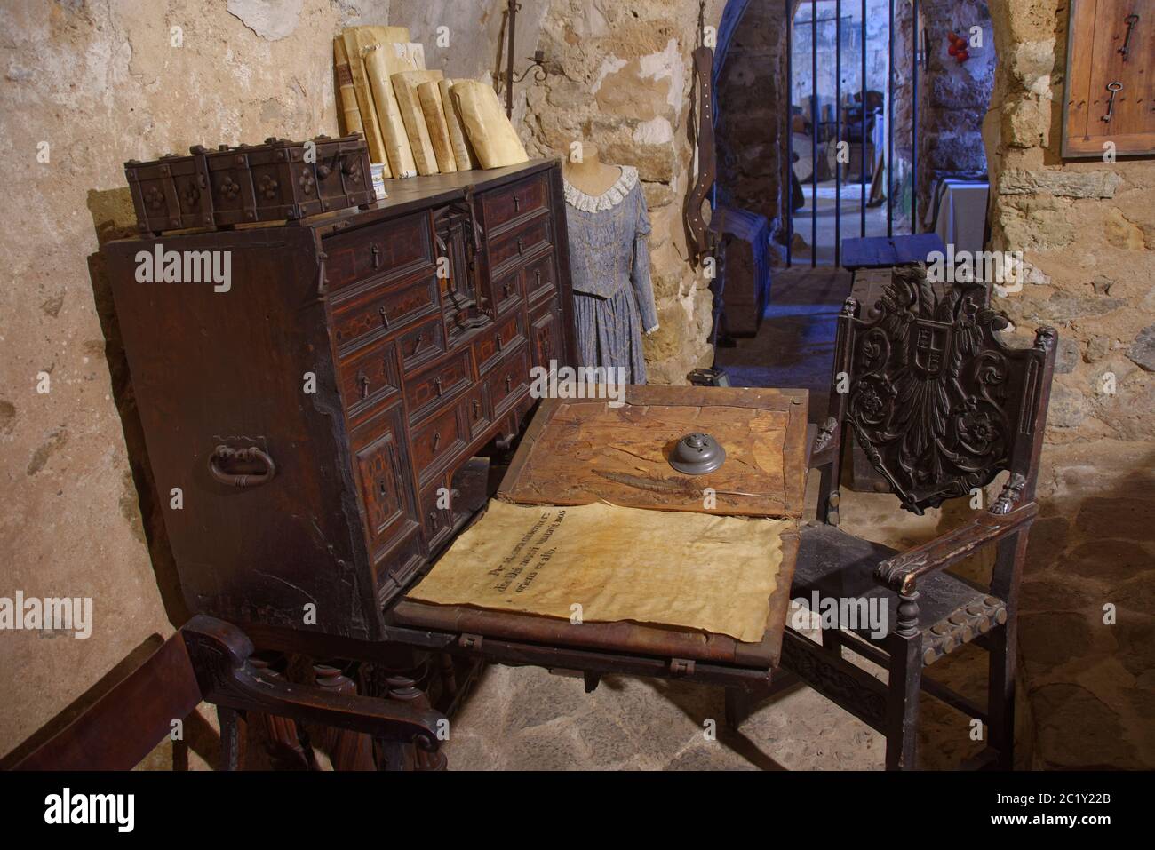 Spanish Inquisition tribunal desk in the Torture Room at La Granja mansion, a museum of Mallorca’s traditions and history, Esporles, Mallorca. Stock Photo