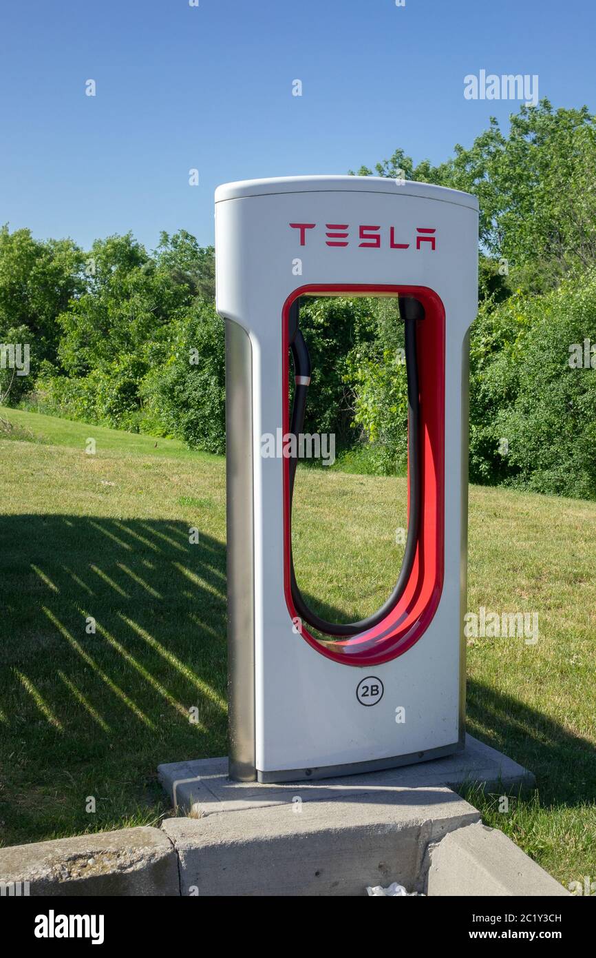 Tesla Electric Car Charging Station Supercharging Network Canada Stock Photo