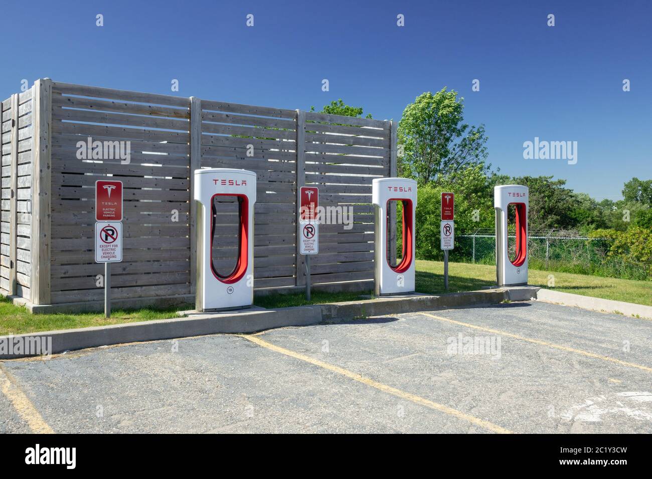Tesla Electric Car Charging Station Supercharging Network In Woodstock Ontario Canada Stock Photo