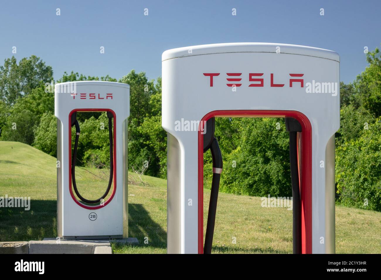 Tesla Electric Car Charging Station Supercharging Network Canada Stock Photo