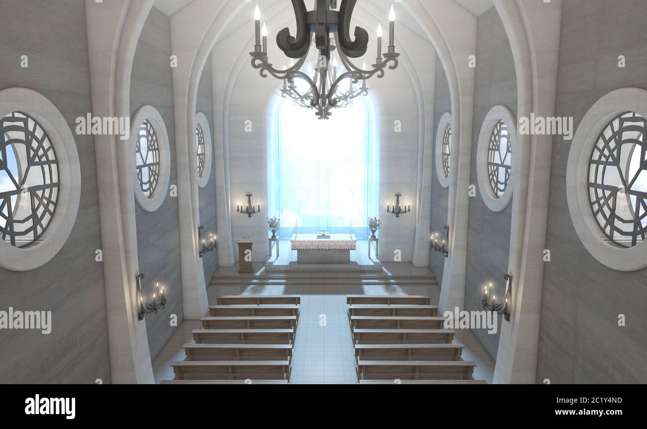A light church interior lit by suns rays through a crucifix stained glass window lighting the altar - 3D render Stock Photo