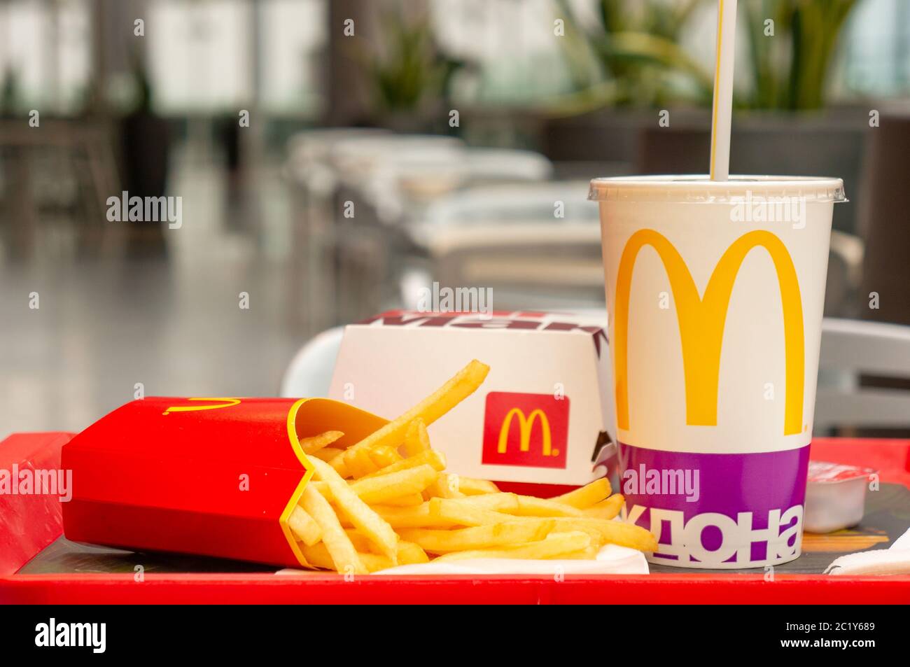 Moscow, Russia, March 15 2018: McDonald's Big Mac hamburger menu, French Fries and Coca Cola. Fast meal food. Snack in cafe dinn Stock Photo