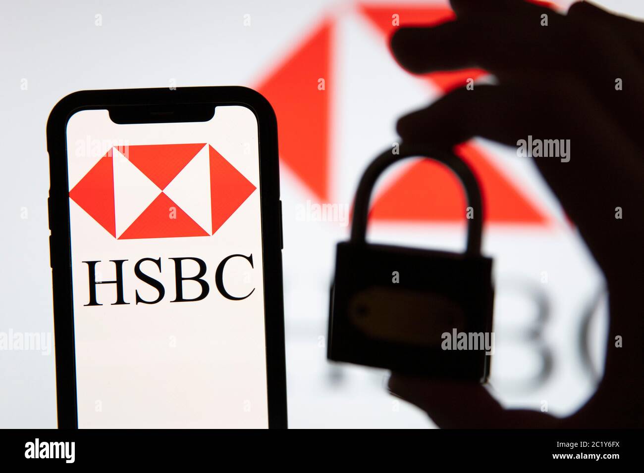 LONDON, UK - June 2020: HSBC bank logo on a smartphon with security padlock Stock Photo