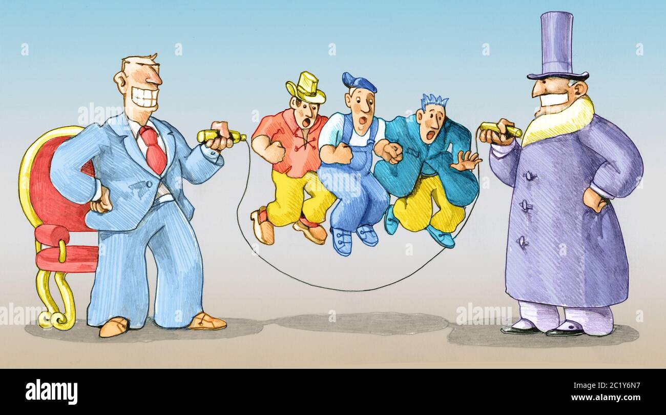 a banker and a politician blow the rope to three workers an employee a farmer and a workman metaphor of the power that economy and politics have over Stock Photo