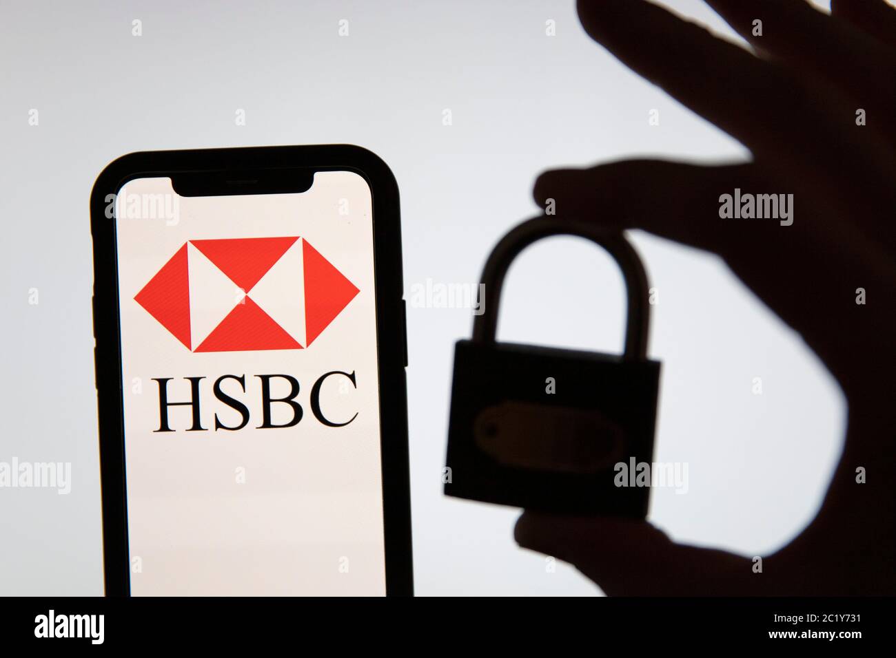 LONDON, UK - June 2020: HSBC bank logo on a smartphon with security padlock Stock Photo