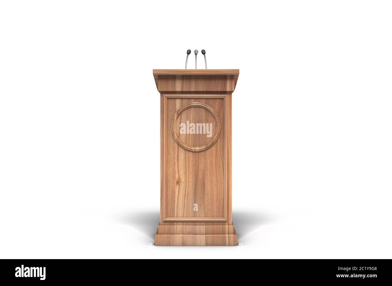 A wooden speech lecturn podium with a microphone on an isolated white studio background - 3D render Stock Photo