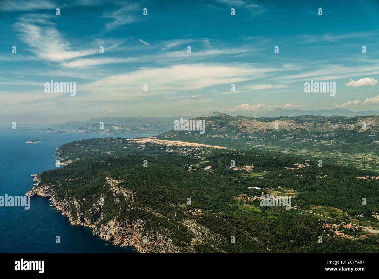 Landscape around Dubrovnik International Airport, Croatia, Pilots view during approach into ÄŒilipi Airport - LDDU, DBV - aerial view Stock Photo
