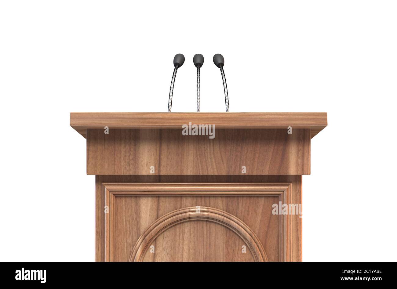 A wooden speech lecturn podium with a microphone on an isolated white studio background - 3D render Stock Photo