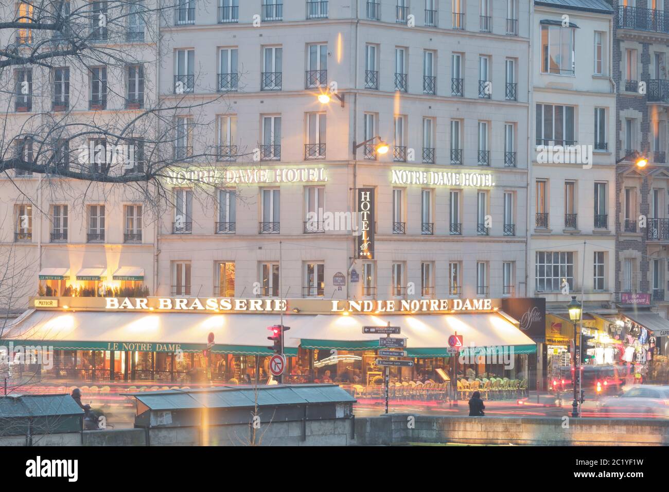 Bars and street scenes near Notre Dame in central Paris, France. Stock Photo