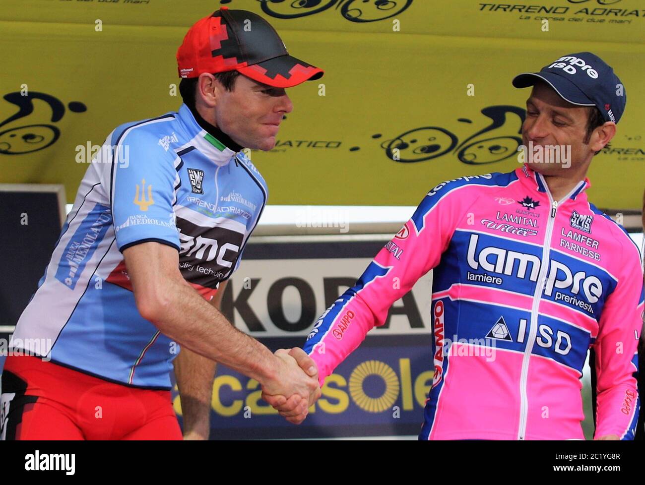 Cadel Evans of BMC Racing Team and Michele Scarponi of Lampre - ISD during the Tirreno Adriatico  2011, Stage 7 cycling race,San Benedetto (ITT) (9.3k Km) on March15, 2011 in San Benedetto, Italie - Photo Laurent Lairys / DPPI Stock Photo