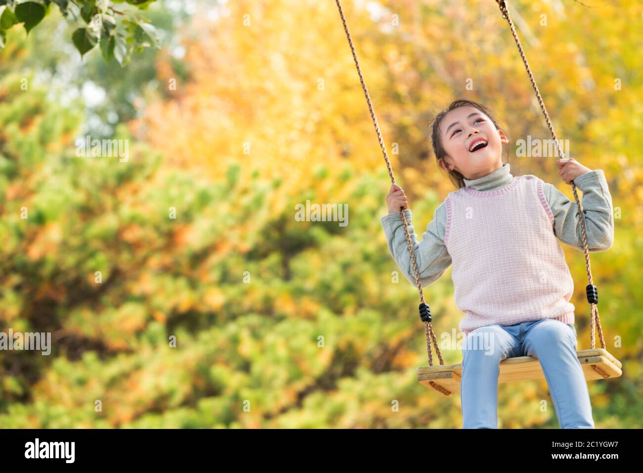 Happy little girl on the swings in the park Stock Photo Alamy
